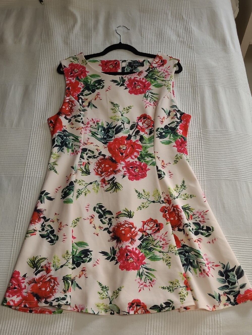 Papillon - Floral Sleeveless A-Line Cream Dress, Pink & Red Rose Print, Large